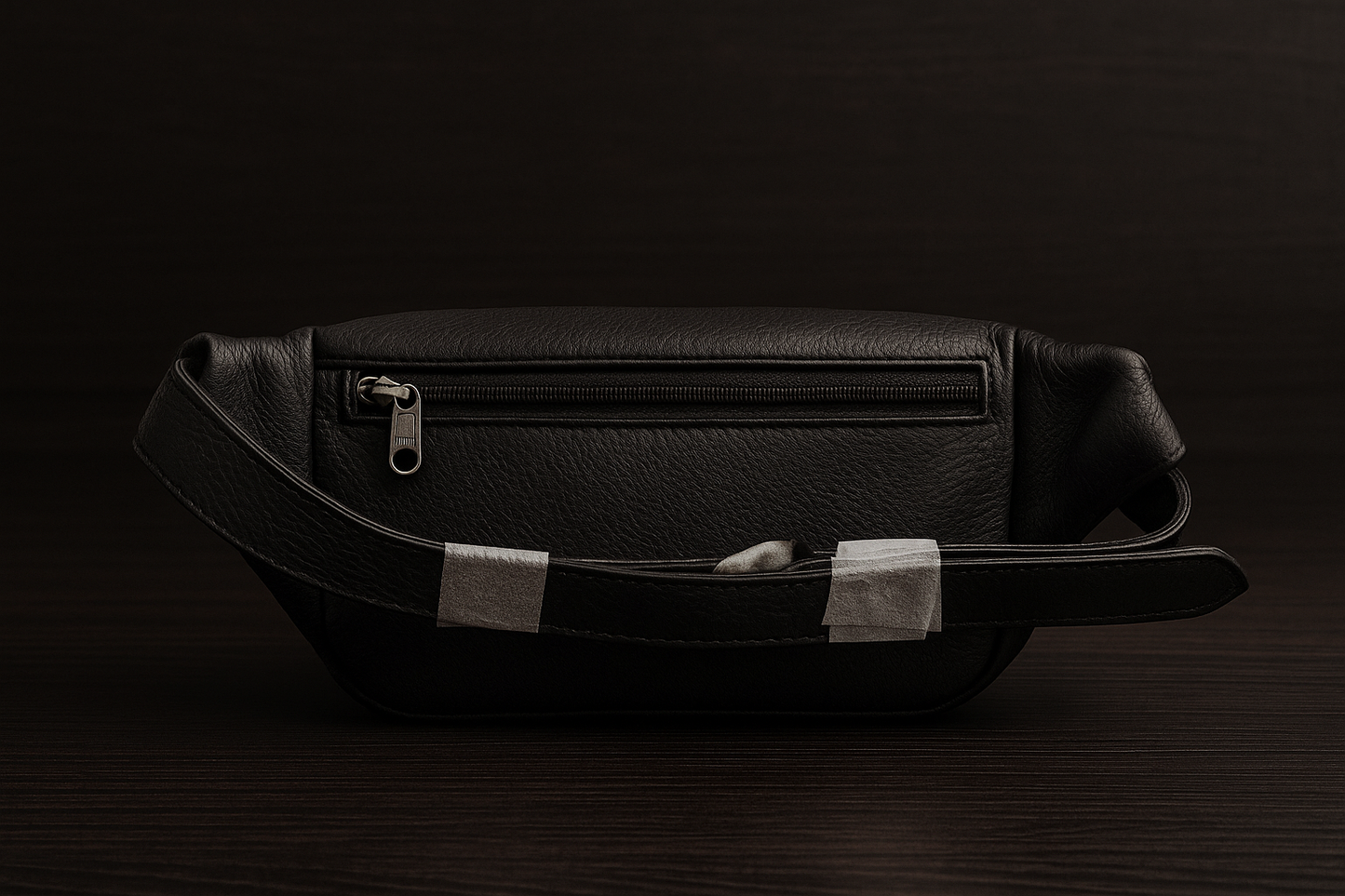 Black leather bag with silver zippers on a dark background