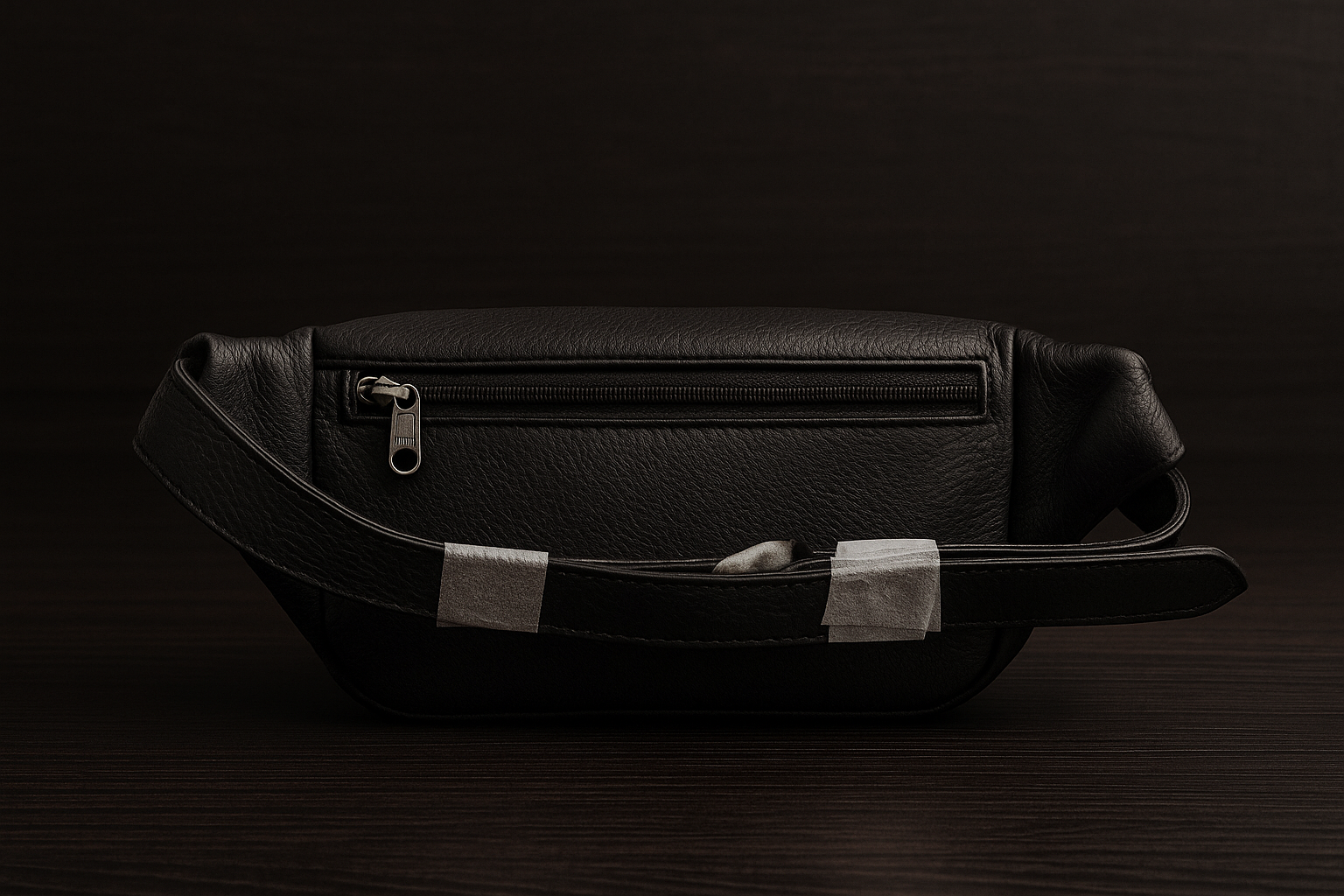 Black leather bag with silver zippers on a dark background