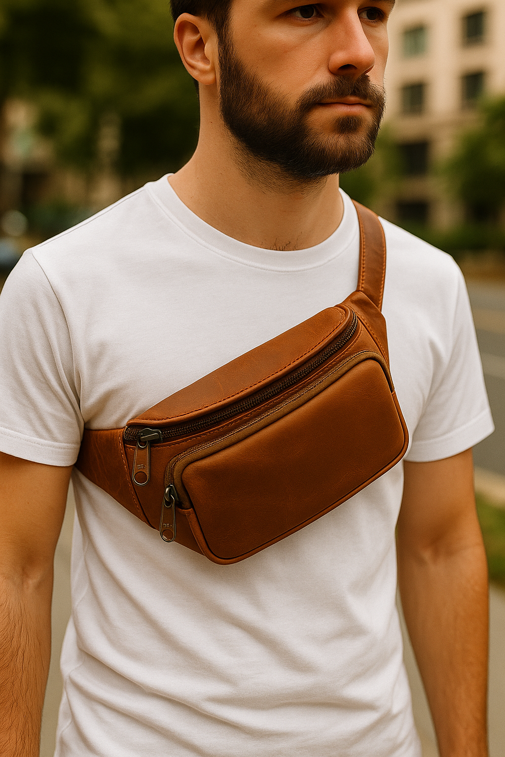 Man wearing a brown leather crossbody bag outdoors