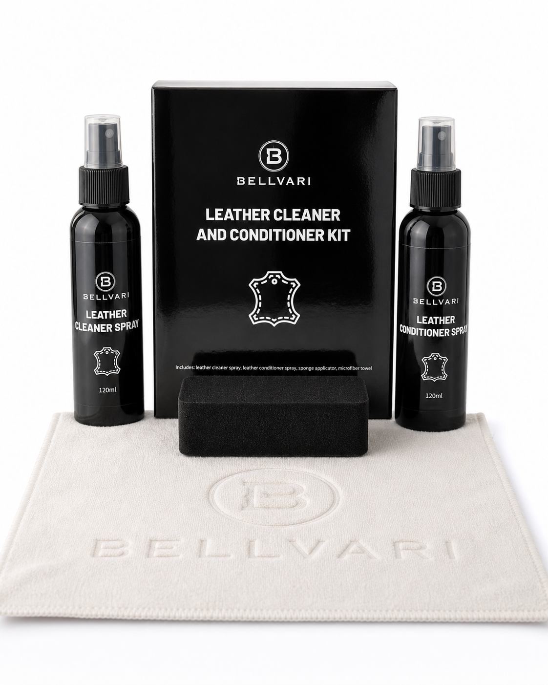 Bellvari leather cleaner and conditioner kit with two spray bottles, a black box, and a cloth on a white background.