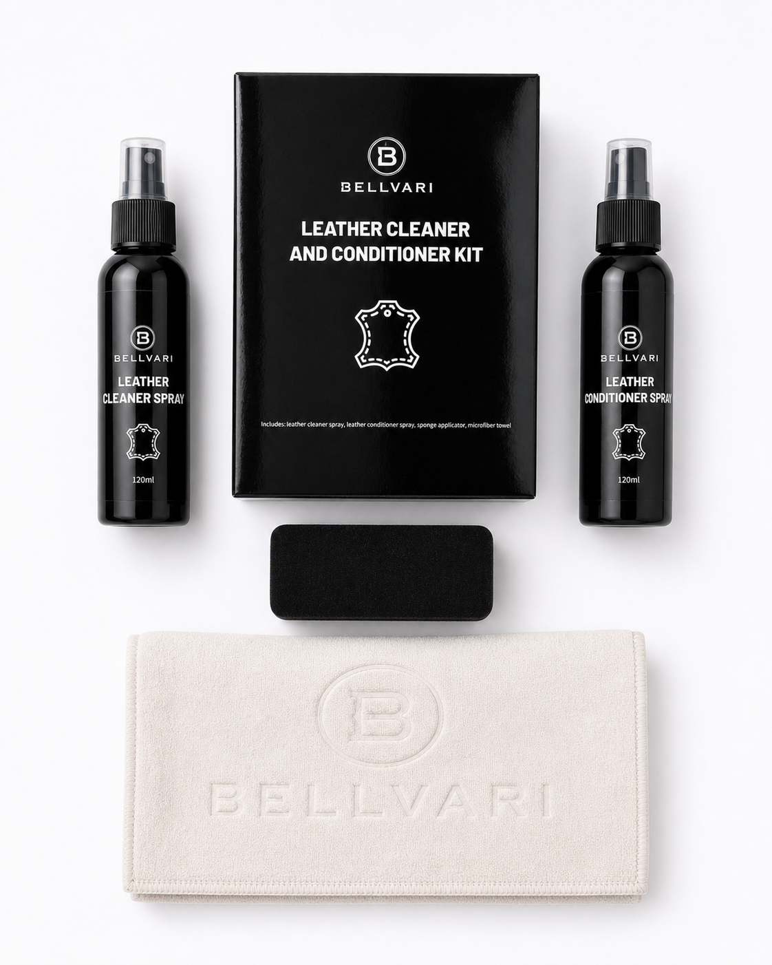 Bellvani leather care kit with two spray bottles, a box, and a cloth on a white background
