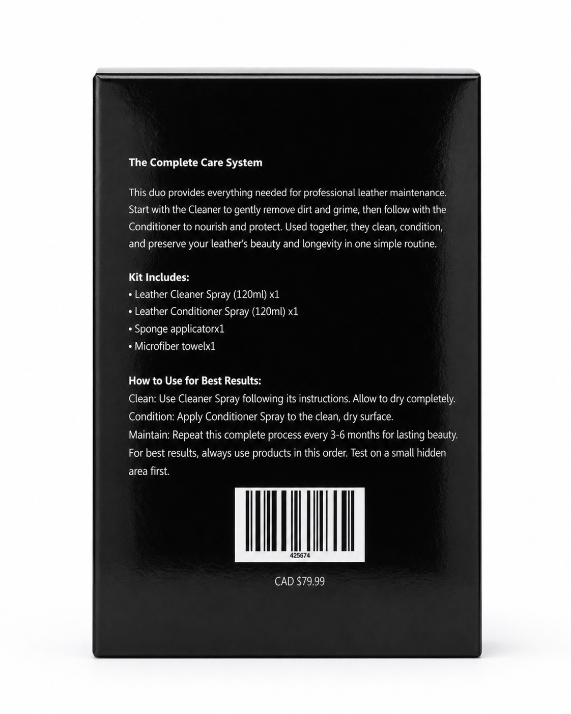Back of a black leather care system packaging with text and a barcode.