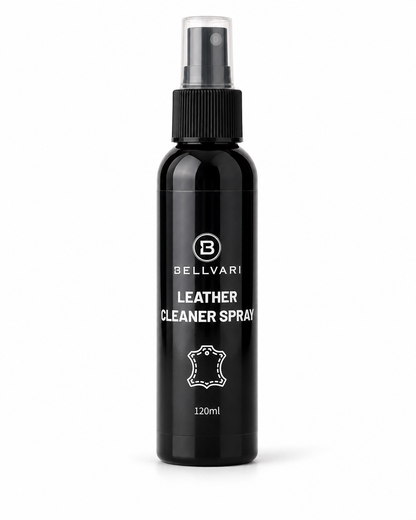 Black leather cleaner spray bottle with Bellvare branding on a white background