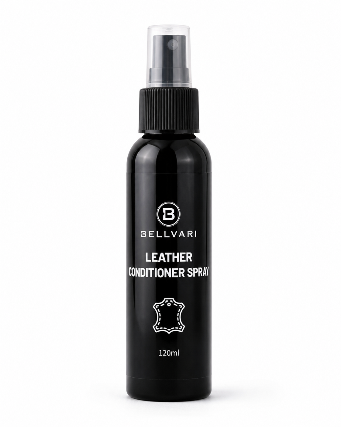 Black leather conditioner spray bottle with 'Bellvari' branding on a white background