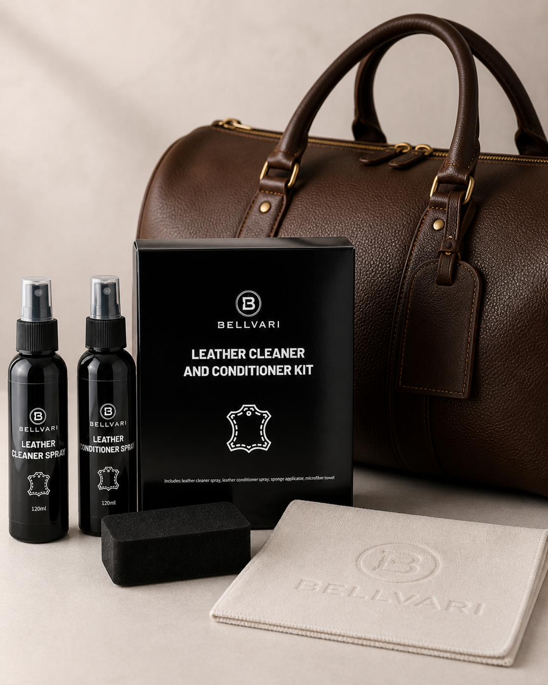 Bellvari leather care kit with a brown leather bag, wallet, and cleaning products on a light background.