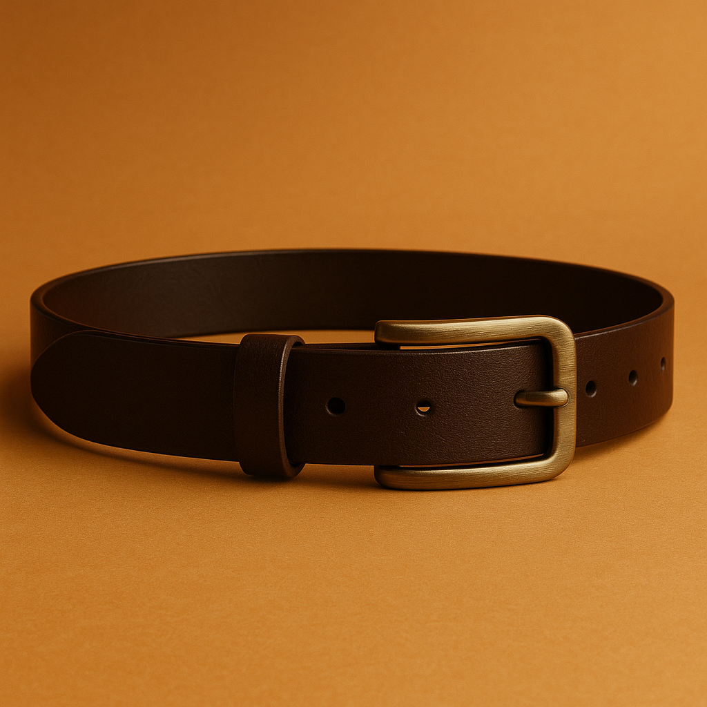 Brown leather belt with a gold buckle on an orange background