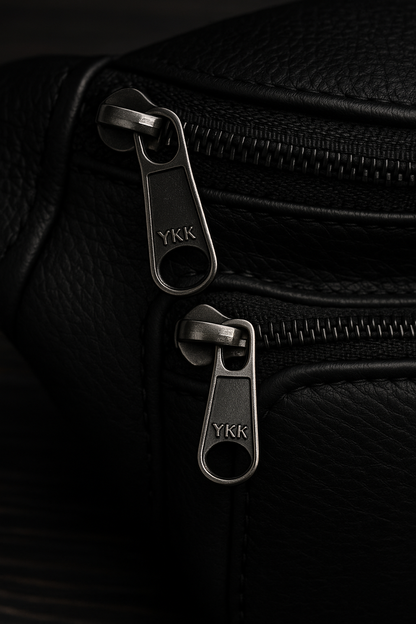 Close-up of black leather bag with YKK zippers on a dark background