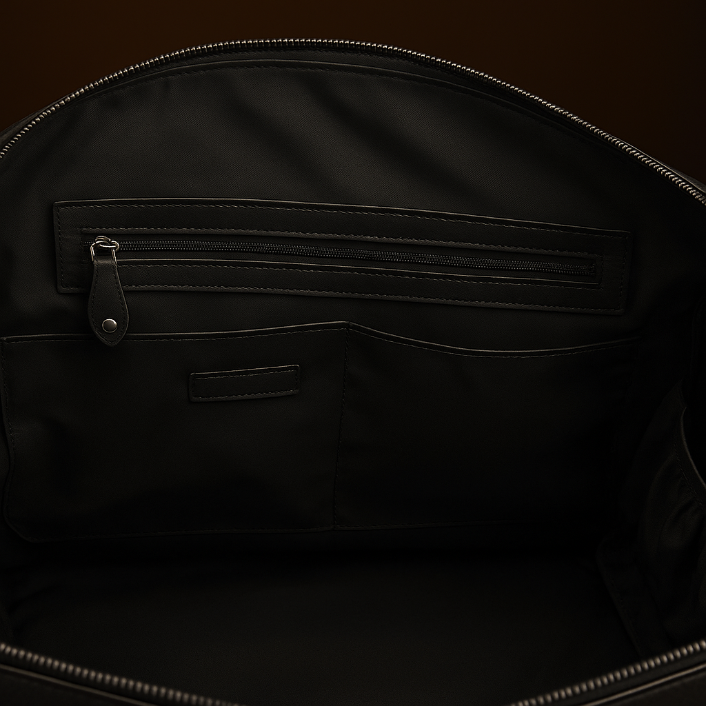 Close-up of a black backpack with zippers and stitching details on a dark background