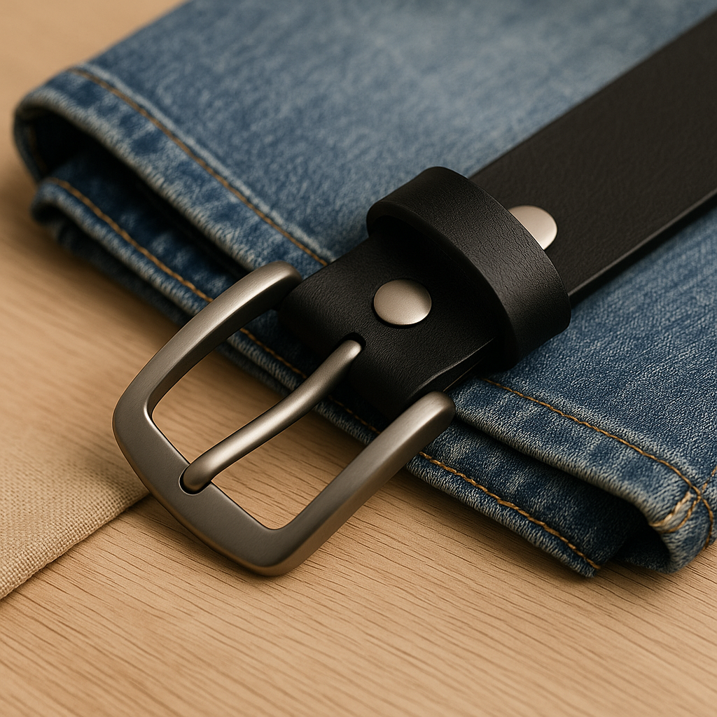 Black belt with silver buckle on a pair of blue jeans on a wooden surface