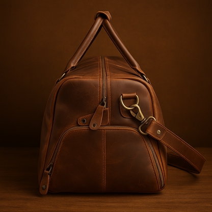 Brown leather duffel bag on a wooden surface with a brown background