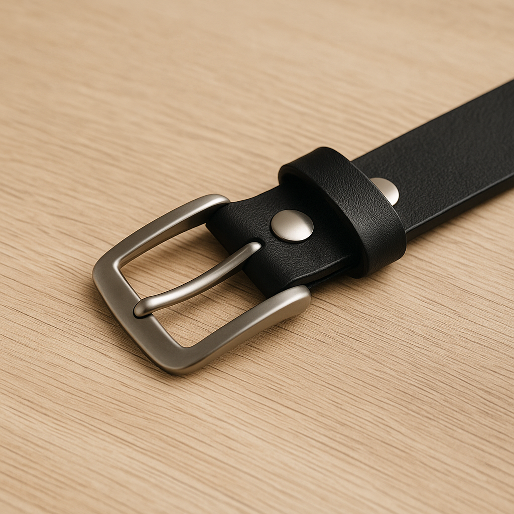 Black leather belt with silver buckle on a wooden surface