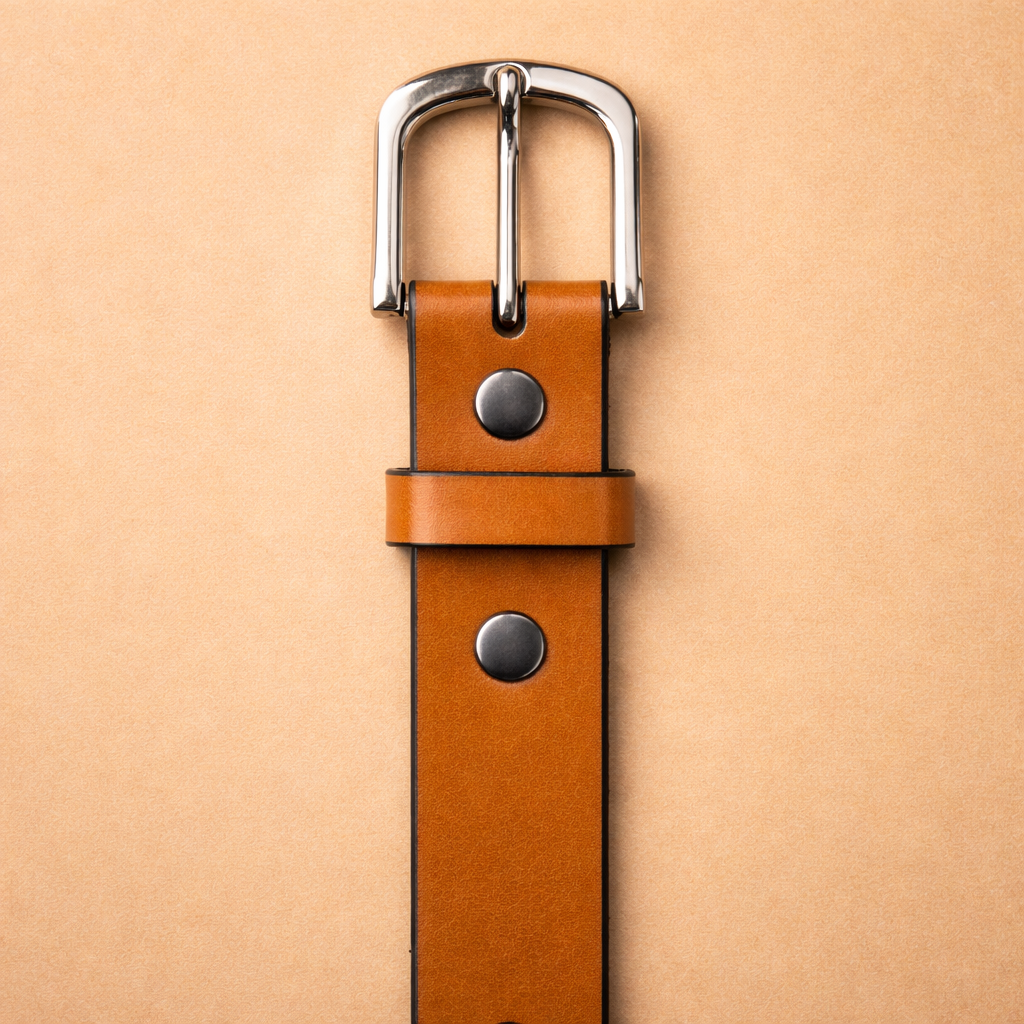 Bellvari Buckhorn honey-tan full-grain leather belt photographed in natural light, polished antique-brass buckle and Western-inspired finish.