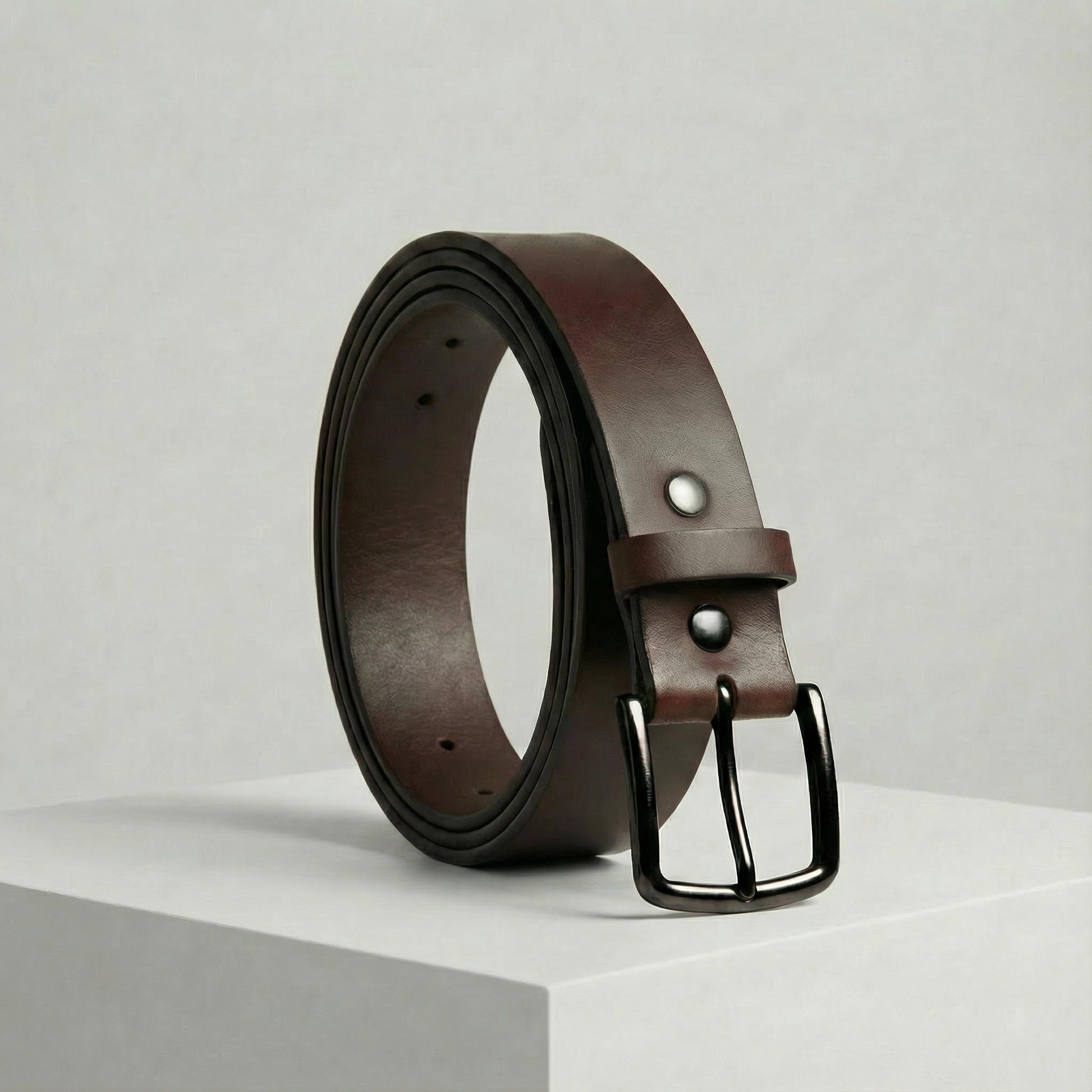 Bellvari Nightfall black full-grain leather belt with brushed gunmetal buckle on a neutral background.
