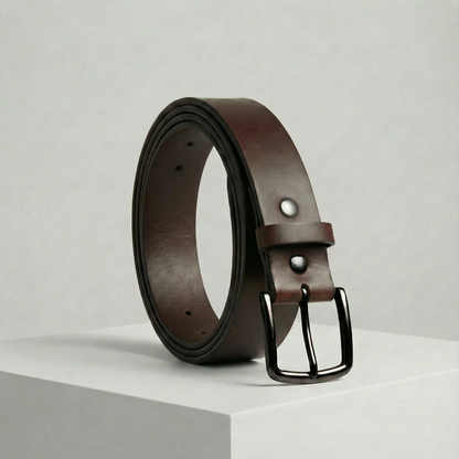 Bellvari Nightfall black full-grain leather belt with brushed gunmetal buckle on a neutral background.