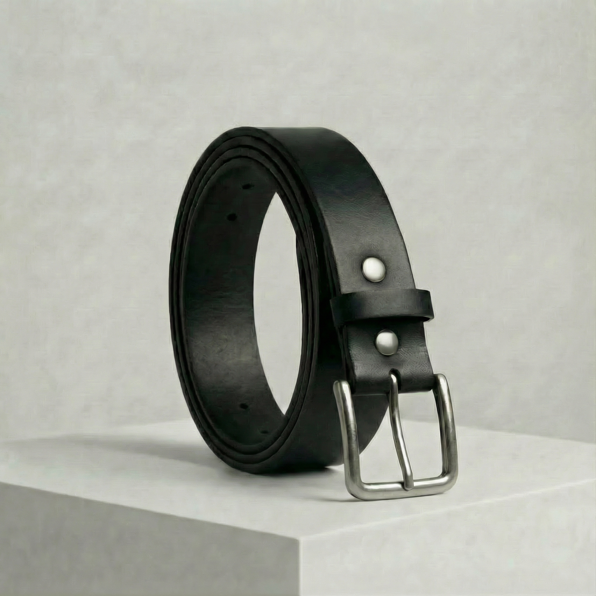 Bellvari Tradesman black full-grain leather belt with antique-brass buckle on a neutral background.