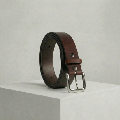 Bellvari Trailblazer crunch full-grain pull-up leather belt with satin-nickel solid-brass buckle on a neutral background.