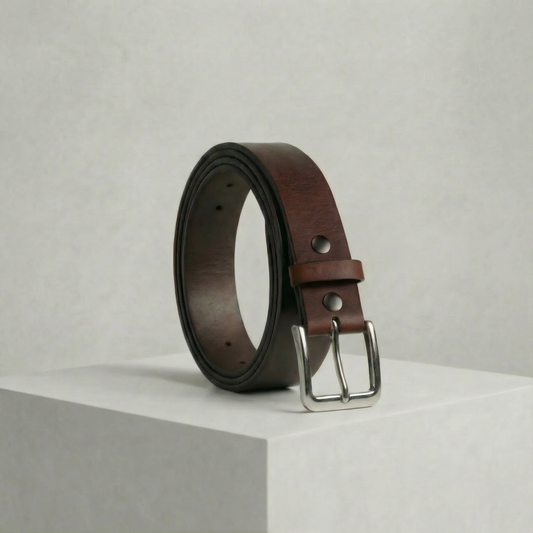 Bellvari Trailblazer crunch full-grain pull-up leather belt with satin-nickel solid-brass buckle on a neutral background.