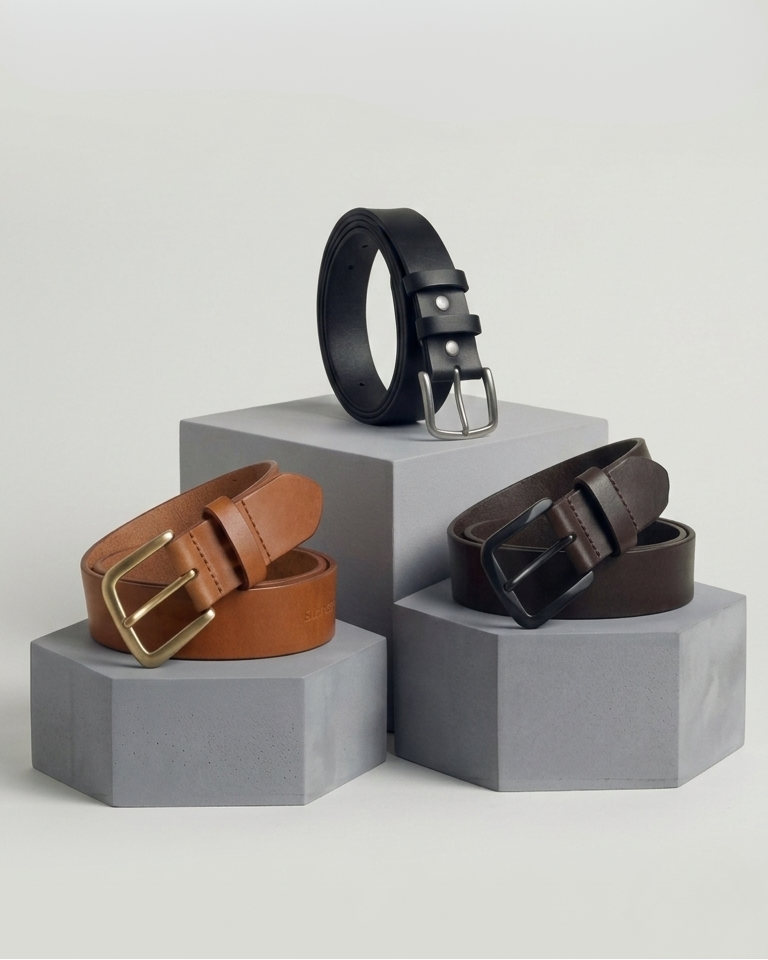 Three belts displayed on gray hexagonal stands against a light gray background