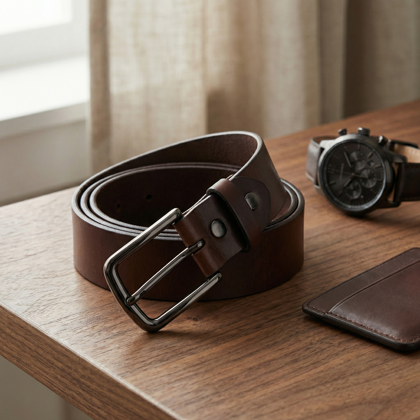 Bellvari Nightfall black leather belt full-length view.