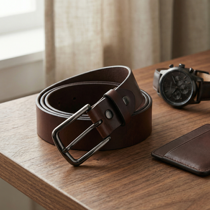 Bellvari Nightfall black leather belt full-length view.