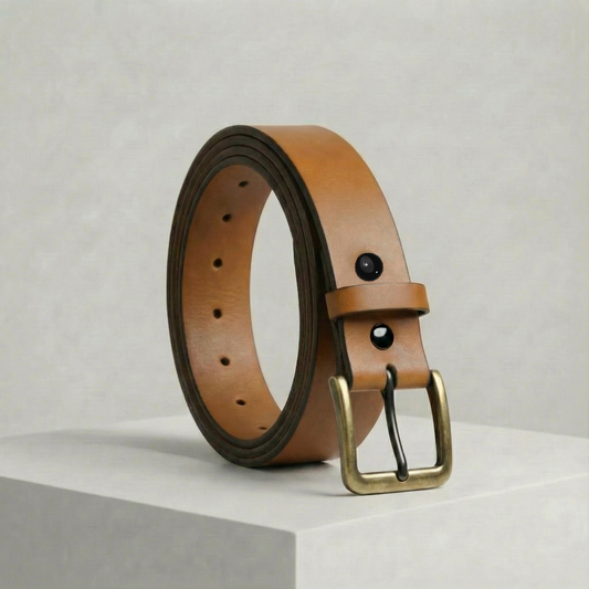Bellvari Buckhorn honey-tan full-grain leather belt with antique-brass buckle and black rivets on a neutral background.