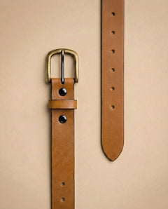 Bellvari Buckhorn honey-tan leather belt detail, antique-brass buckle and blackened prong. — view 2