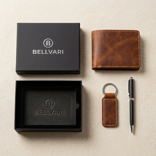 The Carry Set laid out — box, wallet, keychain, pen