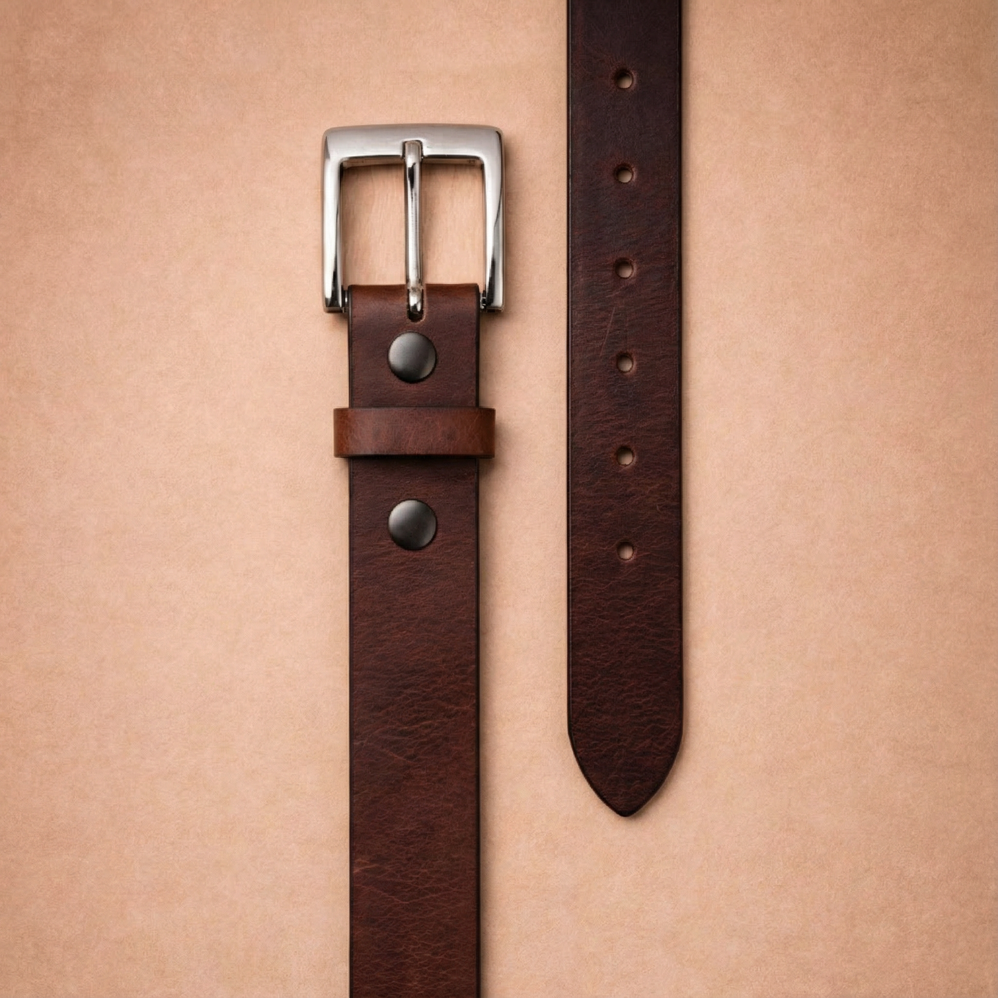 Bellvari Trailblazer leather belt rolled, showing pull-up finish with marbled creases.