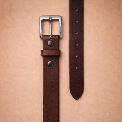 Bellvari Trailblazer leather belt rolled, showing pull-up finish with marbled creases.