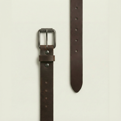 Bellvari Timberline brown leather belt with rugged gunmetal buckle, side view.
