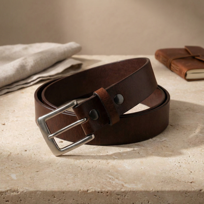 Bellvari Trailblazer leather belt edge finish and Chicago-screw hardware.