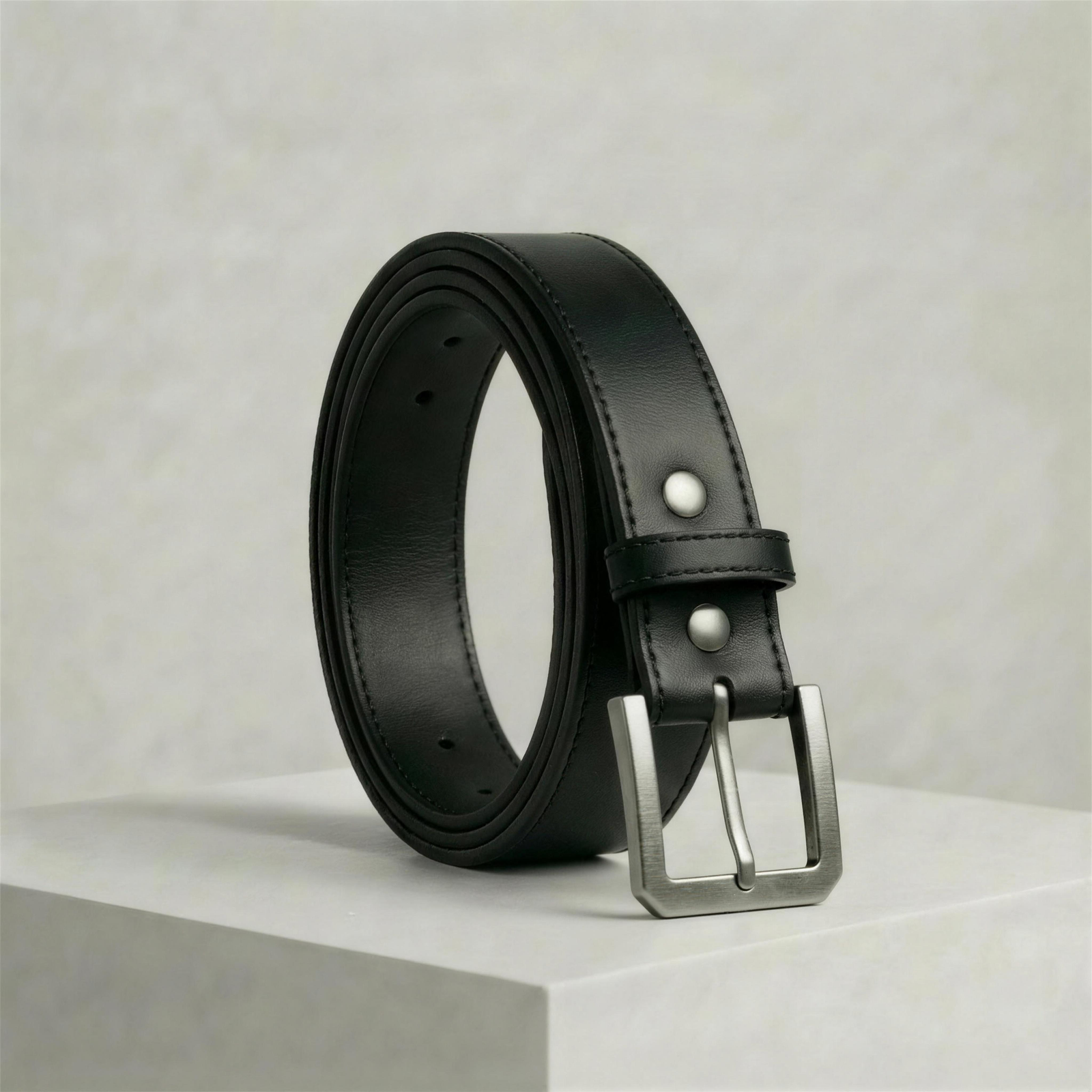 The Draftsman black full-grain leather dress belt with squared brushed-gunmetal buckle and edge stitching.