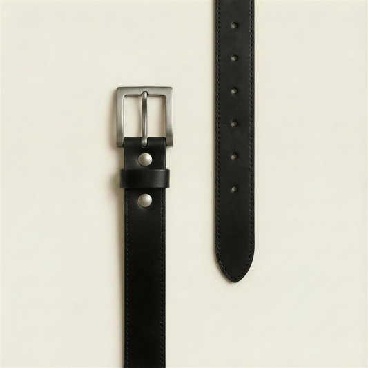 The Draftsman black leather belt laid flat, showing the punched strap and edge stitching.