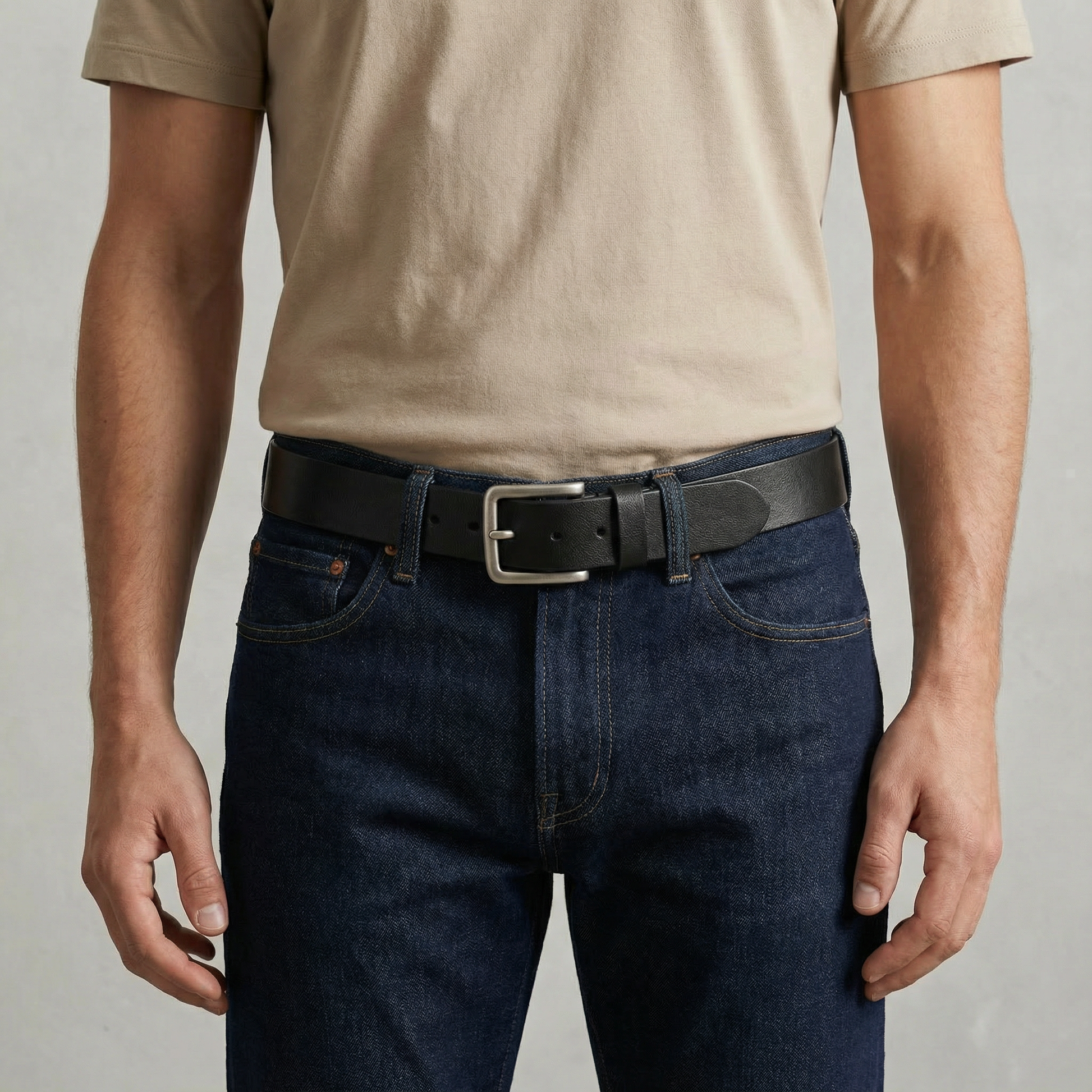 Bellvari Tradesman black leather belt detail of antique-brass buckle.