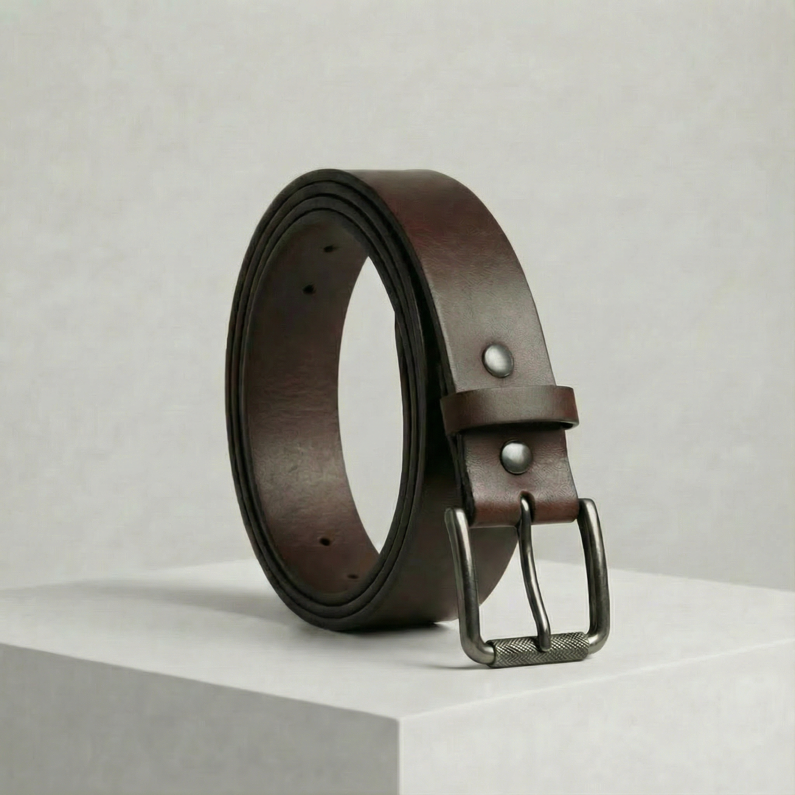 Bellvari Timberline full-grain leather belt with gunmetal knurled-roller buckle on a neutral background.