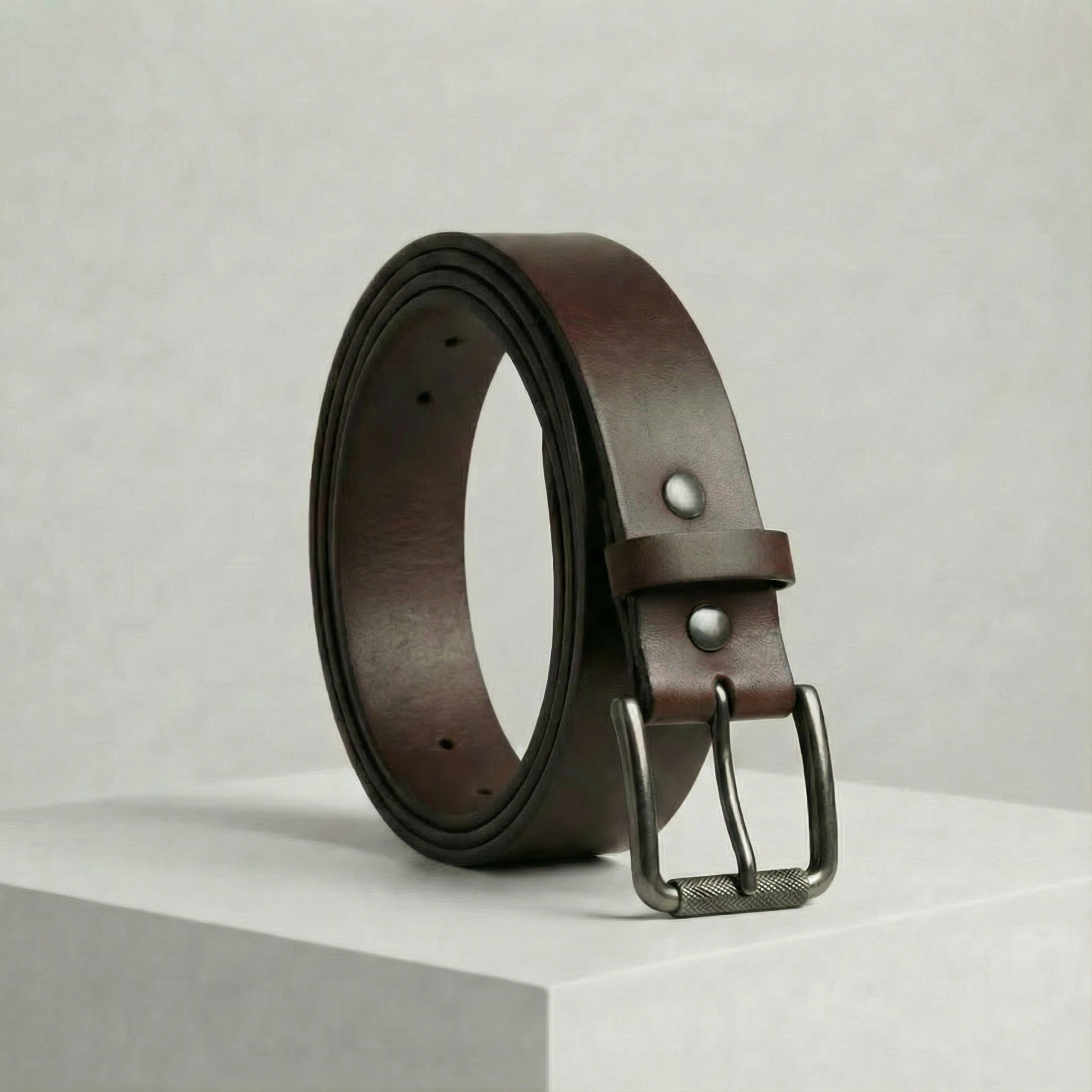 Bellvari Timberline full-grain leather belt with gunmetal knurled-roller buckle on a neutral background.