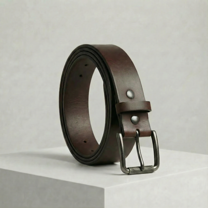 Bellvari Timberline full-grain leather belt with gunmetal knurled-roller buckle on a neutral background.
