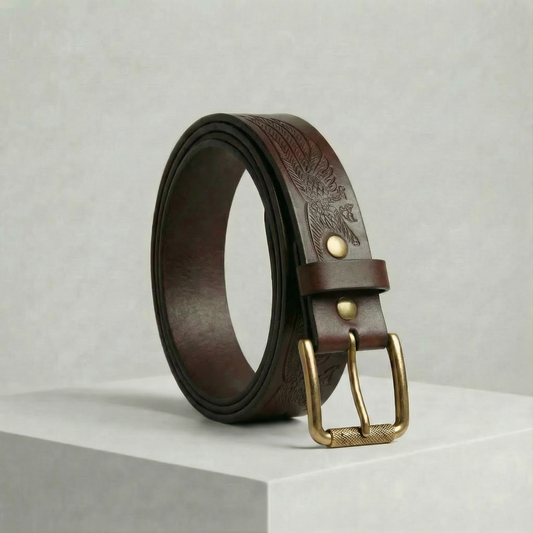 Bellvari Serpent harness-weight full-grain leather belt with brushed stainless buckle on a neutral background.