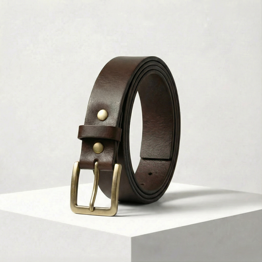 Bellvari Tradesman brown full-grain leather belt with antique-brass buckle on a white background.