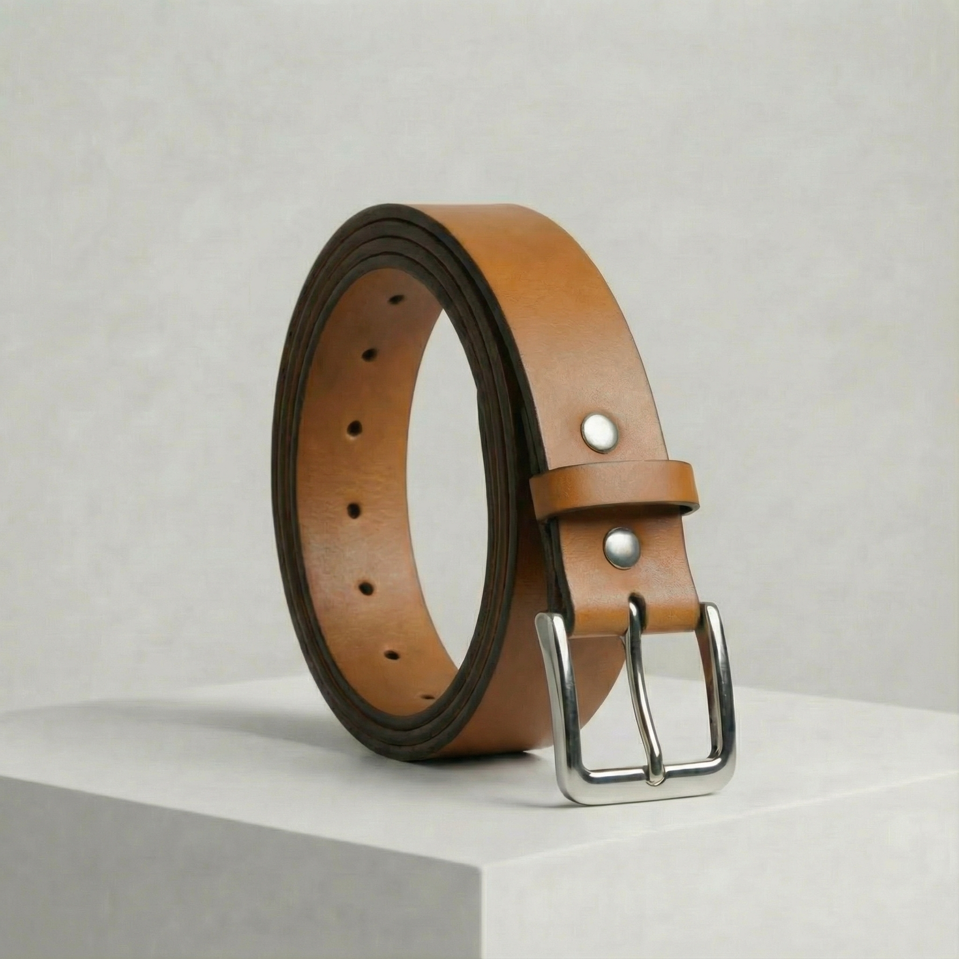Bellvari Buckhorn honey-tan full-grain leather belt with polished antique-brass buckle on a neutral background.