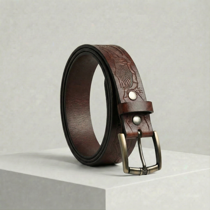 Bellvari Ironhide full-grain leather belt with hand-tooled floral pattern and antique-brass buckle on a neutral background.