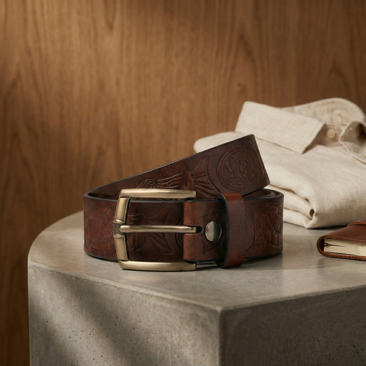 Bellvari Ironhide leather belt with antique-brass buckle, side angle.