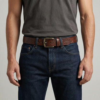Bellvari Ironhide leather belt full-length view showing tooled detail.