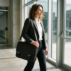 A woman carrying the black Bellvari leather messenger briefcase in an office lobby. — view 16