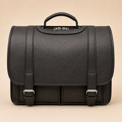Black — messenger briefcase straight-on front, polished silver roller buckles — view 17