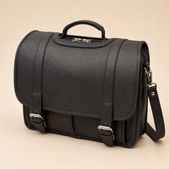 Black — Bellvari full-grain leather messenger briefcase, three-quarter view, flap closed — view 15