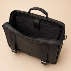 Black — messenger briefcase with the top zip open, twin silver zip pulls — view 19