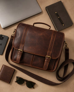 Brown — messenger briefcase flatlay with everyday carry — view 12