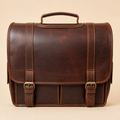 Brown — messenger briefcase straight-on front, two straps and roller buckles — view 2