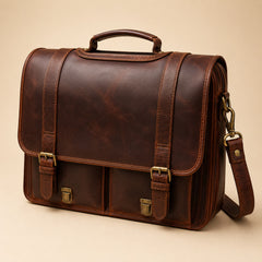 Brown — Bellvari full-grain leather messenger briefcase, three-quarter view, flap closed — view 1